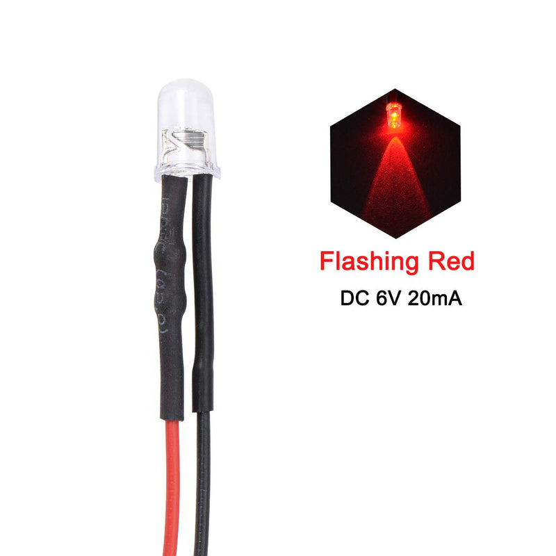 [Australia - AusPower] - uxcell 10Pcs DC 6V 5mm Pre Wired LED, Flashing Red Light Round Top Clear Lens, Light Emitting Diodes with Edge 