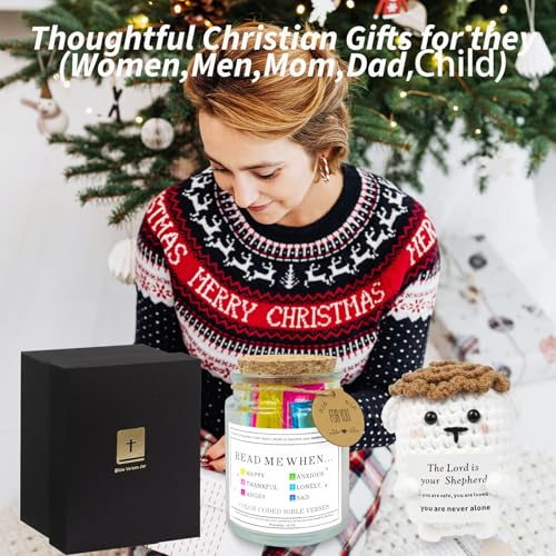 Bible Verse Jar and Encouragement Crochet Sheep Set - Christian Spiritual Comfort Gift For Women Men Christmas Easter Religious Graduation Gifts Baptism Gifts For Her Him