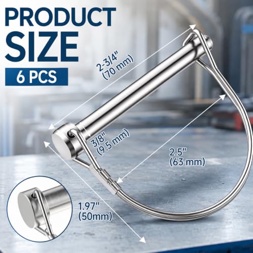 Hicarer 3/8 x 2-3/4 inch stainless steel trailer coupler pins with wire retainers, 6-pack