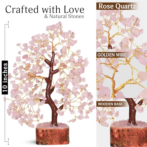 YATSKIA Rose Quartz Tree | Crystal Tree Gifts for Women | Gemstone Decor | Crystals and Gemstones | Pink Home Decor | Birthday Gifts for Women | 10 Inch 300 Beads 10in Rose Quartz Golden Wire