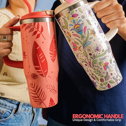 32 Oz Insulated Stainless Steel Tumbler with Handle and Straw lid | Limited Edition | Ceramic Lined Interior | Leak-proof | Travel Mug for Hot/Cold Drink | Carrying Bag Gift Blossom