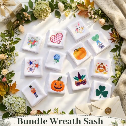 VitalCozy 12-piece seasonal fall wreath sash set with colorful decorative wreath storage for front door decoration.