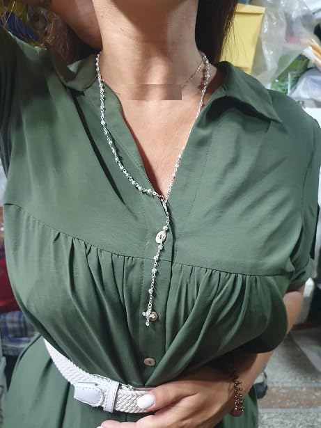 Madonna Prayer Rosary Necklace 60 cm + 12 cm Long with Cross, 3 mm Balls Approximately 3 mm Round Medal and Jesus Cross, taglia unica, Silver Plated Brass, Metal