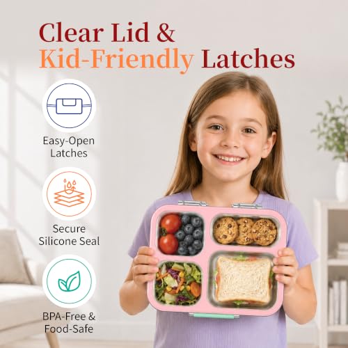 Stainless Steel Lunch Box for Kids, Leakproof 4 Compartment Kids Bento Lunch Box with Clear Lid, BPA-Free Steel Lunch Box Containers for School Travel (Pink) Pink
