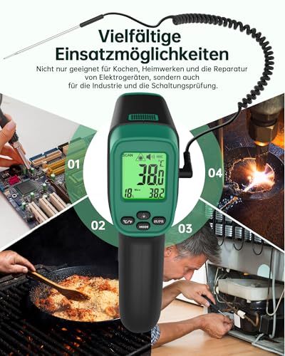 ERICKHILL Infrared Thermometer -50°C to 800°C, Non-Contact Digital Laser Thermometer with -50°C to 300°C Meat Probe, Adjustable Emissivity - Suitable for Cooking/Grilling/Freezing