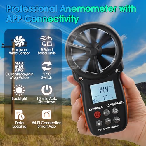 Smart Anemometer Wind Gauge with Record, WiFi App Connection & Control, Wind Meter for Monitoring Wind Speed, Temperature for HVAC, Drone, Surfing, Fishing