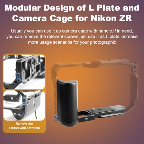 Camera Cage for Nikon ZR with Handle, Modular Design of L Plate and Cage with Built-in Cold Shoe Mount, Anti-Twist ZR Camera Cage Compatible with ARRI 3/8”, 1/4” Interface and ARCA