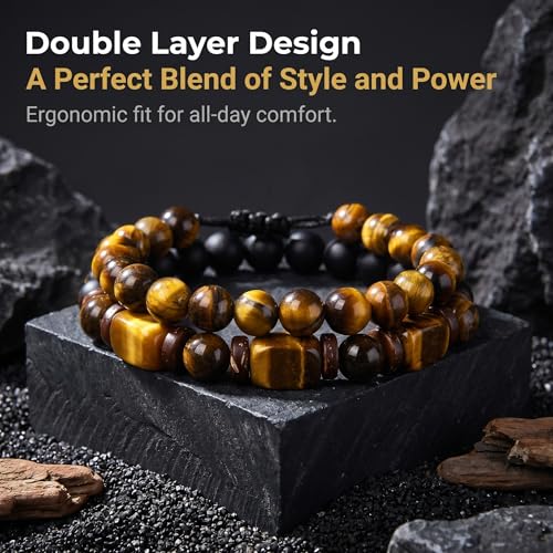 Tigers Eye Bracelet for Men,Obsidian Hematite Triple Protection Bracelet Style A