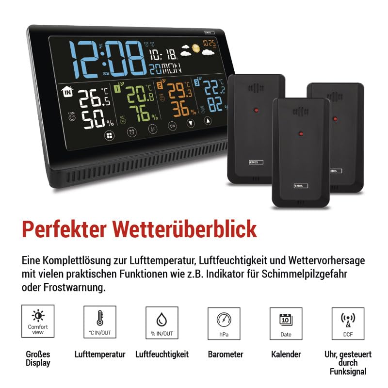 [Australia - AusPower] - EMOS - Wireless Weather Station with 3 Outdoor Sensors and USB Port - Thermometer, Hygrometer, Barometer, Forecast, Memory - Radio-Controlled Clock with Alarm Clock, Calendar, Comfort Display - Stand E8614 