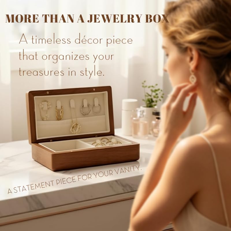Real Wooden Jewelry Box With Flannelette Lining Travel Portable Multi-functional Suitable For Rings Bracelets Necklaces With Compartmented Storage And Elastic Pockets For Organization Small