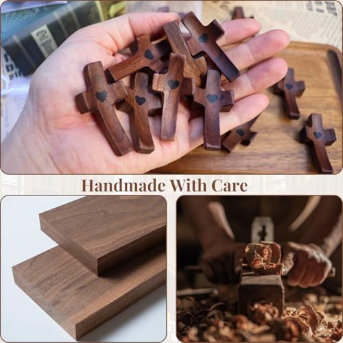 Wooden Cross Fidget My Heart with Organza Bags, Pocket Cross (5pcs) Walnut 5 Pcs