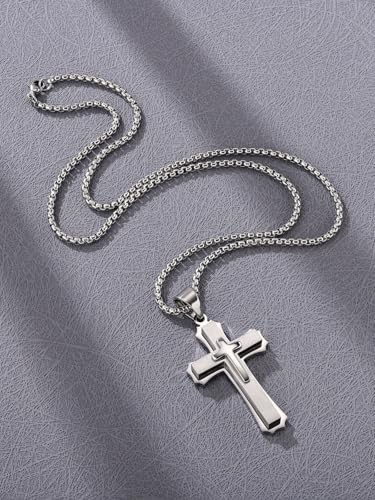 Jovivi Mens Cross Necklace for Men,Stainless Steel Silver Cross Crucifix Pendant Chain Necklace for Boys Men's Christian Confirmation Baptism Cross Chain Jewellery Easter Gifts Silver Cross Necklace