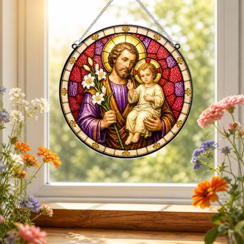 St Joseph Stained Glass Suncatcher, 8" Religious Wavy Acrylic Suncatcher for Windows Hanging, Catholic Gifts Decorations, St. Joseph Patron Gift, Christian Gifts for Men, Dad, Grandpa, Son, Friends