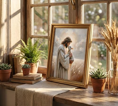 Jesus Christ Holding Lamb Wall Art, Vintage Gold Framed, 12x16 Inch Jesus sheep 16''Lx12''W-Framed