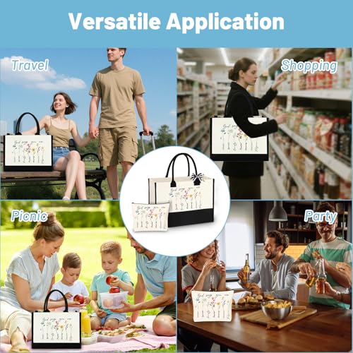 2Pcs Bible Bags Christian Gifts for Women, Large Canvas Tote Bag with Small Make up Bag, Elegant Handbags for Women Christian Gifts Religious Jesus Bible God Says Bag Set for Christmas Birthday