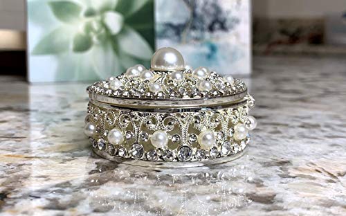 VI N VI Silver Jewelry Box Trinket Box with Rhinestones and Pearls