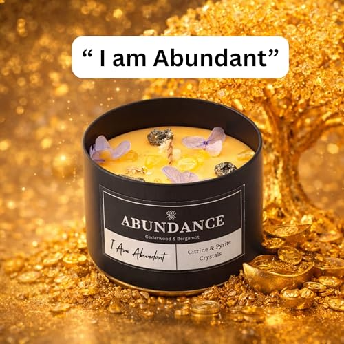Abundance Crystal Candle – Citrine & Pyrite Crystals for Wealth & Success. Infused Cedarwood & Bergamot Scented Manifestation Candle with Gold Leaf & Hydrangea. Spiritual Gifts for Women Abundance