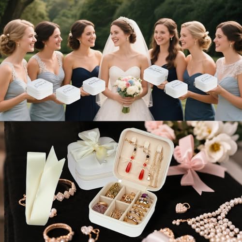 6 Pack Bridesmaid Jewelry Box with Ribbon, Maid Matron of Honor Small Travel Jewelry Case for Women, Bridesmaid Proposal Gifts, Wedding White