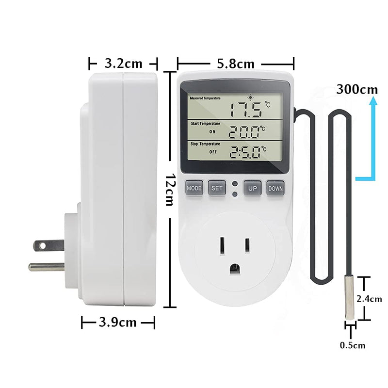 Digital Thermostat Plug Socket Temperature Controller Outlet 3m Probe 120V 15A 1800W C F Heating Cooling Control for Incubator Brewing Incubator Greenhouse Terrarium Heat Mat KT3100 No backlight