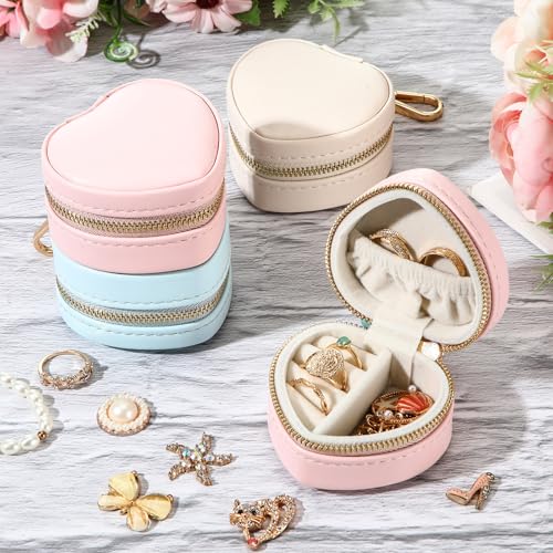 Nosiny 6 Pack Mini Jewelry Ring Case Holder Keychain Valentine's Day Gifts Portable Heart Jewelry Box Sports Stud Storage Organizer Accessories for Women(White,Pink,Blue,Heart)