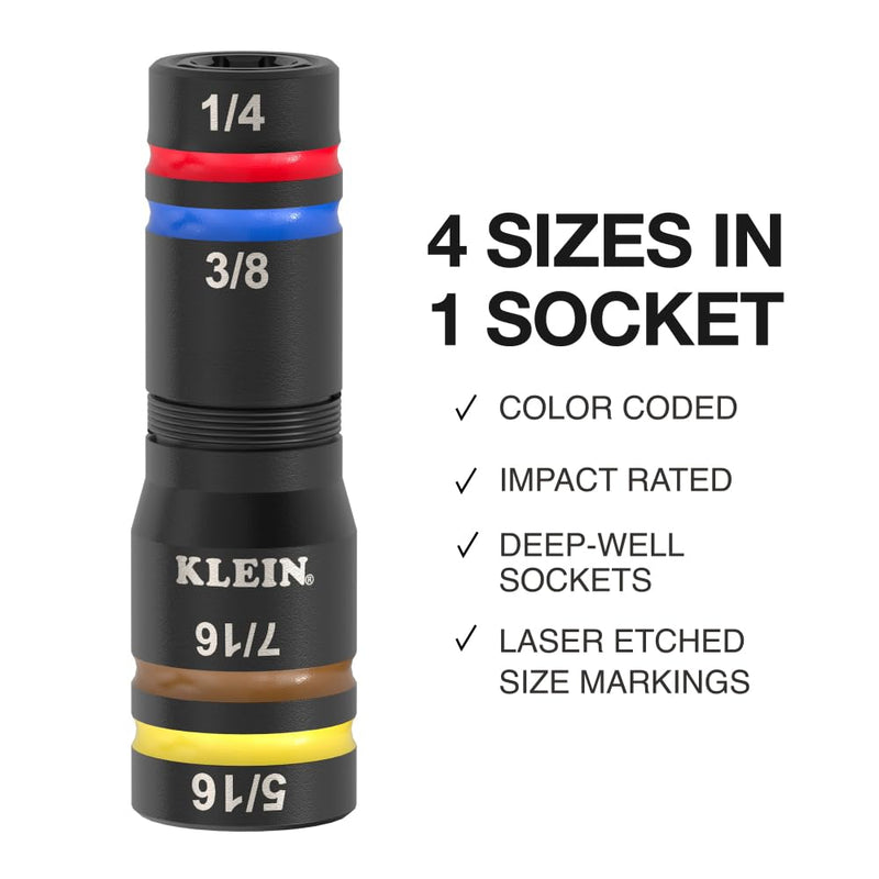 Klein Tools 654QS KNECT Quad Socket, 16 Sizes in 4 Sockets, 4-in-1 Color Coded SAE and Metric Impact Rated, Deep-Well Heavy Duty, 1/4-Inch Drive, 3-1/2 and 6-1/2-Inch Shaft 8 SAE + 8 Metric Sizes
