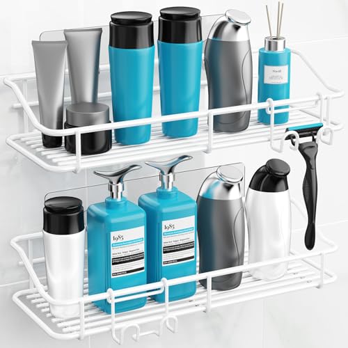 White Nieifi shower caddy adhesive set with two shower shelves and shampoo holders for bathroom organization.