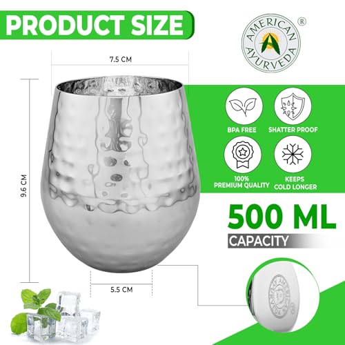 Durable Heavy-Gauge 16.9oz (500ml) Stainless Steel Metal Mugs Cups Tumbler Drinking Glasses – Premium Grade, Single Wall, Food Grade, Set of 4 (Hammered High Polish) Hammered, High Polish
