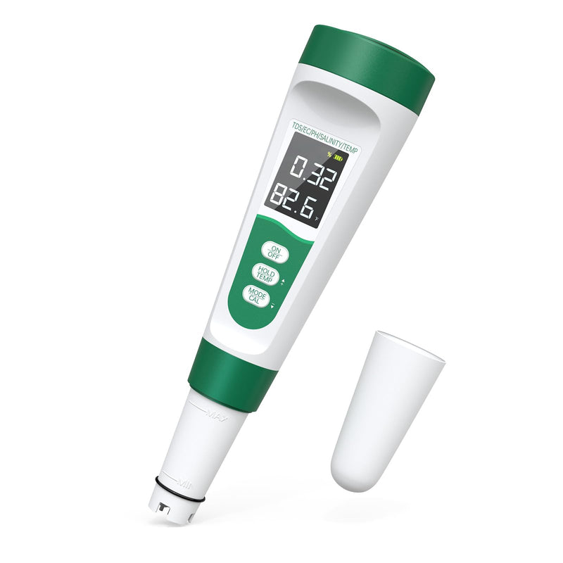 [Australia - AusPower] - Salt Tester for Saltwater Pool & pH Meter,5 in 1 Digital Water Tester for Salinity,Temp,EC,TDS Meter for Pool Salt Tester,Hot Tubs & Spas,Hydroponics,Aquarium,Accurate & Reliable,Green 5 in 1 Tester Green 