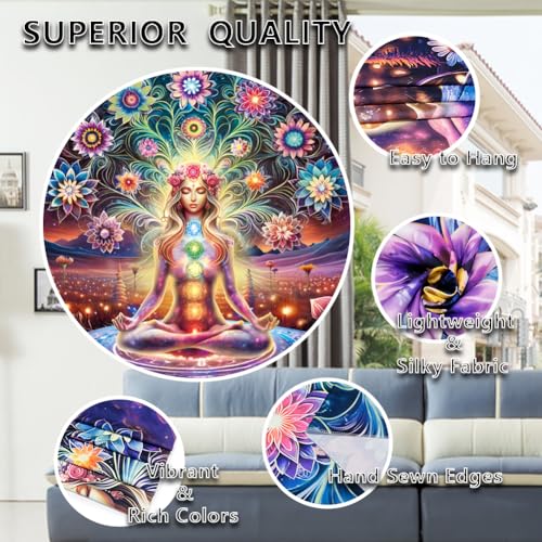 Dermijer Blacklight Seven Chakra Yoga Meditation Tapestry Flower Chakra Tapestries Galaxy Space Planet Tapestry UV Reactive Lotus Tapestries Wall Hanging for Home Decor 92.5L x 70.8W Blue 90.2"L x 70.8"W