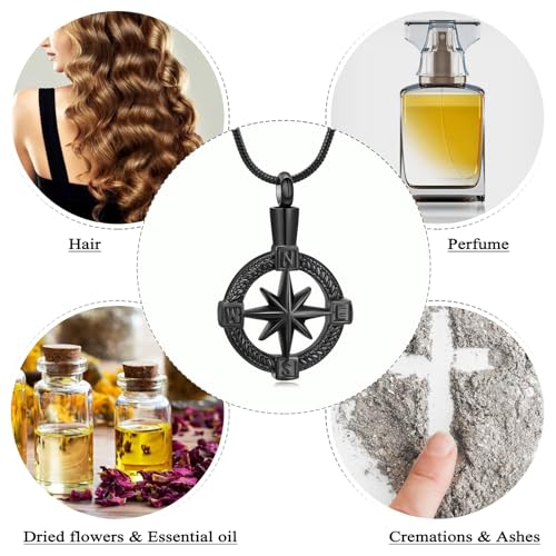 Oinsi Compass Cremation Pendant Necklace For Ashes For Men Women Stainless Steel Memorial Urn Jewelry Keepsake Holder Necklace Black