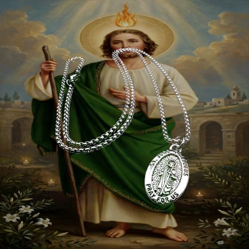 Antique Silver St Jude Thaddeus Medal Necklace on a 24'' Stainless Steel Chain in a Velvet, Drawstring Gift Bag