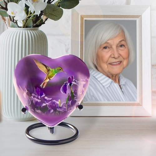 Trupoint Memorials Small Urns for Human Ashes Keepsake, Mini Heart Urn with Stand, Decorative Cremation Urns for Adult Men & Women – Medium Hummingbird Heart Stand Purple Hummingbird 1