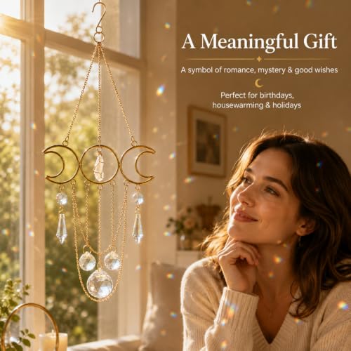 Bohemian Moon Crystal Suncatcher, Hanging Crystal Decoration for Window