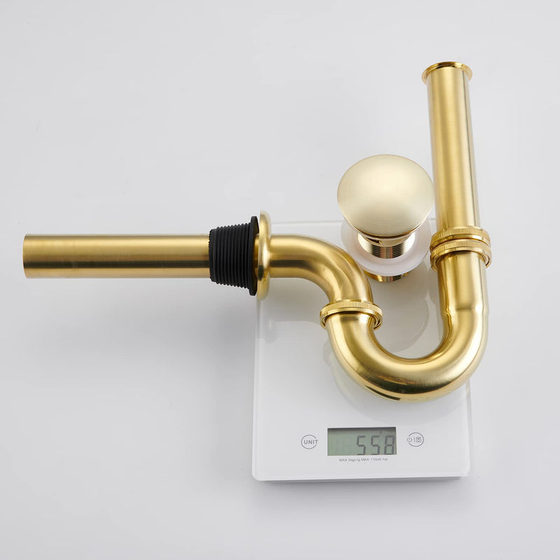 Sink Stopper U Trap Set, Brass Construction U-Shape 1-1/4 inch Slip Inlet Drain, Sink Drain Stopper Set NO Overflow, US/CA Standard, Pls Measure ur Sink Hole Size Before Order, Brushed Gold U-Stopper NO Overflow 03-gold