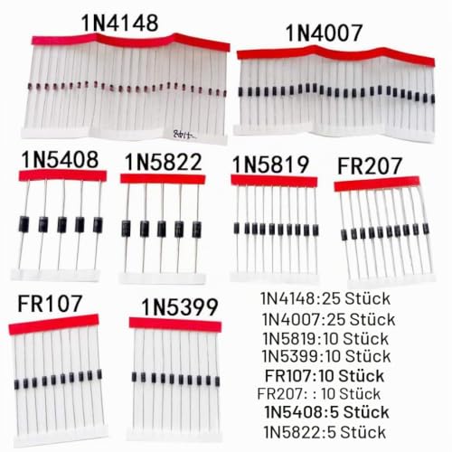 Hailege 100pcs Schottky Rectifier Diodes Assortment Kit with 8 Values 1N4148 1N4007 1N5819 1N5399 1N5408 1N5822 FR107 FR207