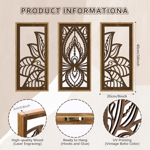 HPNIUB 3PCS Lotus Flower Wall Decor, Mandala Carved Wood Sign for Yoga Room, Spiritual Meditation Wooden Hanging Plaque Home Decor for Living Room Office Bathroom Decoration(8x16Inch) Mandala Flower Wooden Wall Art