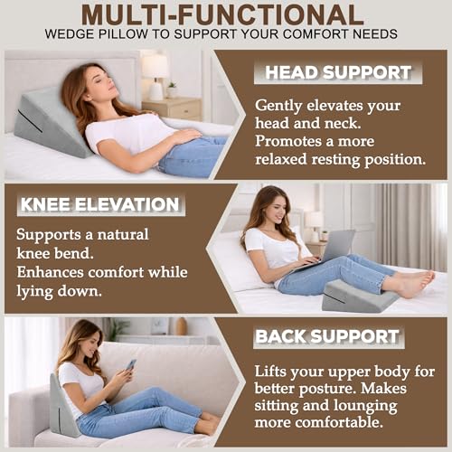 sokoro Bed Wedge Pillow for Sleeping, Small 7 Inch Compact Triangle Wedge Pillow for Acid Reflux, Sleep Apnea & Snoring Relief, Firm Incline for Back Support, Washable Cover (Grey, 24x14x7 in) Grey