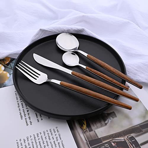 24-Piece Silverware Set for 6, Silver Mirror Polished Stainless Steel Flatware Set, Wooden Effect Handle Utensil Set for Home Hotel Restaurant, Family Cutlery Set Include Knife Fork Spoon Brown Silver