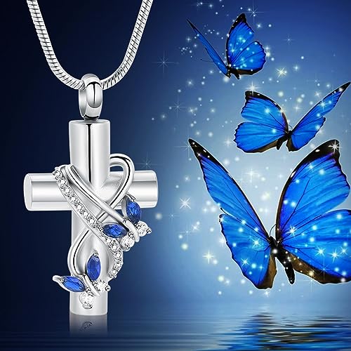 Urn Necklaces for Ashes Butterfly Cremation Jewelry for Ashes for Human Cross with Crystal Butterfly Memorial Ash Pendant Keepsake Jewelry Gifts for Loss of Loved One Silver-blue