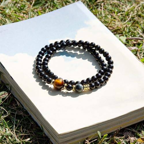 Black Obsidian Tiger Eye & Silver Obsidian Bracelet, Double Layer Beaded Crystal Bracelet for Men & Women, Healing Beads Stacked Double-Wrap Protection & Confidence Jewelry Gift