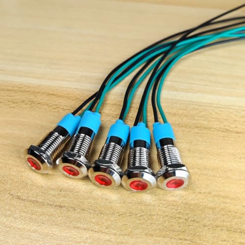Gebildet Pack of 5 8 mm 3V-4.5V-5V-6V-7.5V-9V LED Metal Indicator Light Waterproof Signal Lamp Pilot Dash with Wire (Red) Red (8 Mm)