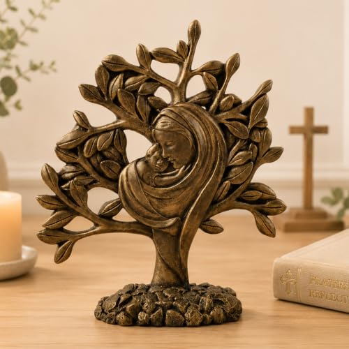 MeritMode Madonna and Child Statue, Virgin Mary with Baby Jesus Figurine Bronze Nativity Tree