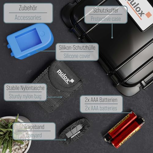 Finger Pulse Oximeter Pulox PO-200 | Includes hard case, protective case, nylon bag, batteries and lanyard, ideal for mobile measurement control on the go