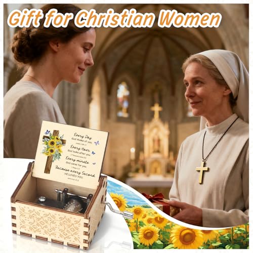 Christian Wooden Music Boxes Wood Musical Box Catholic Religious Spiritual Gifts Faith Based Birthday Christmas Valentines Day Gift Sunflower Gift for Christian Friend Bestie Sisters Gifts from Sister