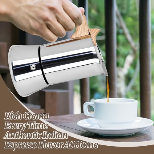 Supvision 6-cup stainless steel Moka pot with woodgrain finish, designed for stovetop espresso brewing, 300ml capacity.