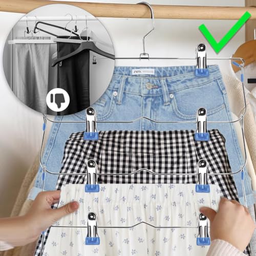 Skirt Pants Hangers with Clips,6Tier Skirt Hangers Space Saving,Metal Multi Pants Hangers and Storage Multi Clothes Shorts Hanger Organization,Space Saving Hangers with Clips (Blue, 4-Piece Set) Blue