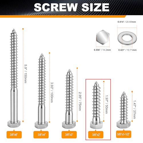 Xpokcai 3/8 x 2 inch hex head lag screws for wood, 48-piece set