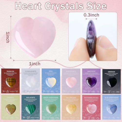 LAIDANLA 12 PCS Heart Crystals Healing Stones 1 inch Hearts Natural Gemstones Polished Bulk Heart Shaped Crystal Stone Set Rose Quartz Amethyst Reiki Meditation Gifts