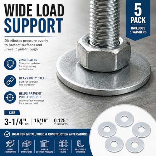 INSPARK zinc plated steel fender washers, 15/16 inch inner diameter, 3-1/4 inch OD, pack of 5