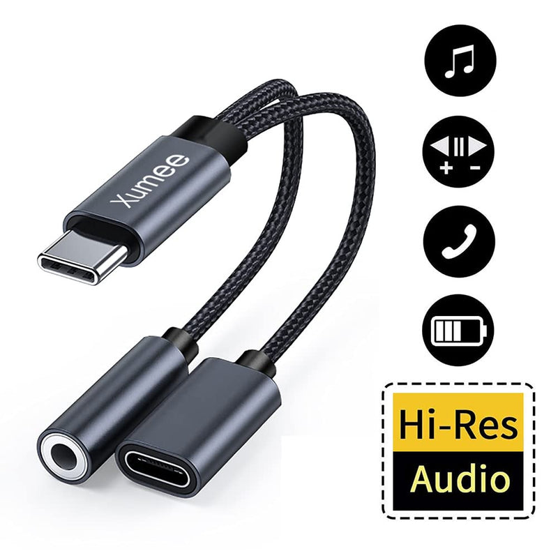 [Australia - AusPower] - Xumee USB Type C to 3.5mm Headphone and Charger Adapter, 2-in-1 USB C to Aux Audio Jack Hi-Res DAC and Fast Charging Dongle Cable Compatible with iPhone 15 Pro Max,Galaxy S24 S23 Ultra S22 S21 (Grey) Grey 
